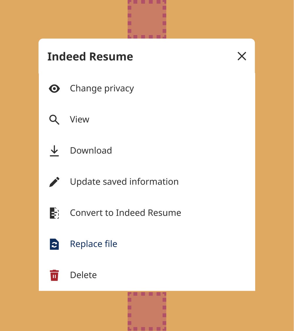 Resume options menu for an uploaded resume file.