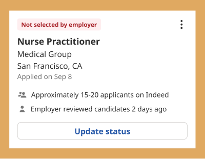 The job listing gives you the option to manage your application and update the application status. This job's status label is Not selected by employer.
