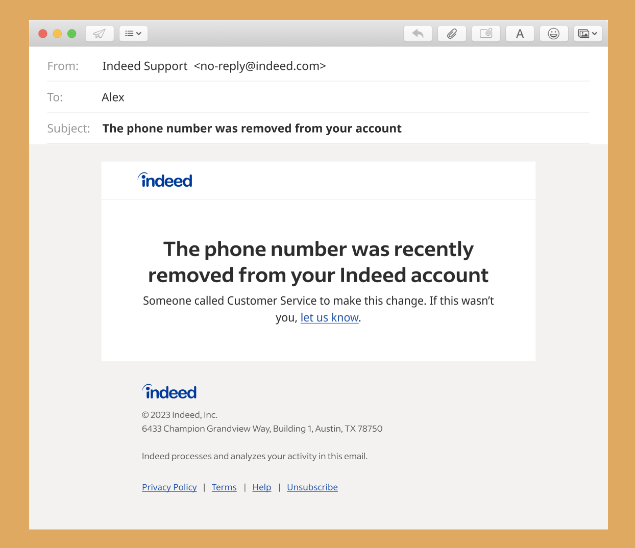 This email confirms a phone number was removed from your account.